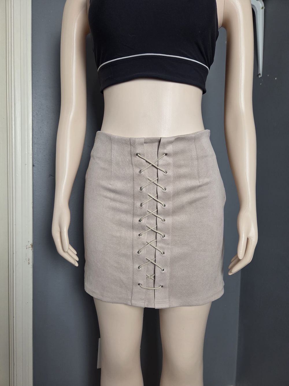 Lace-Up Taupe Mini Skirt - Women's Neutral Casual